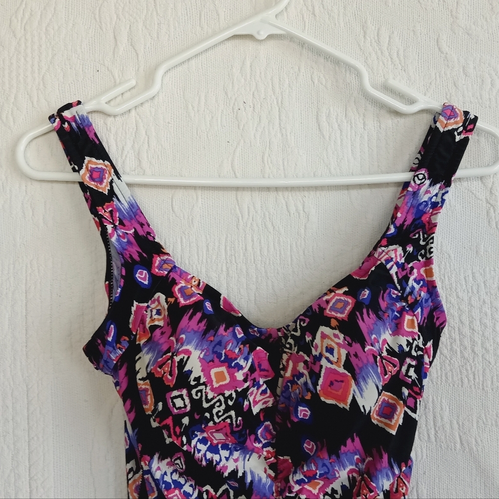 Purple Tribal Print Swimsuit Tummy Control Ruched Padded Cup Modest Medium - Picture 3 of 14